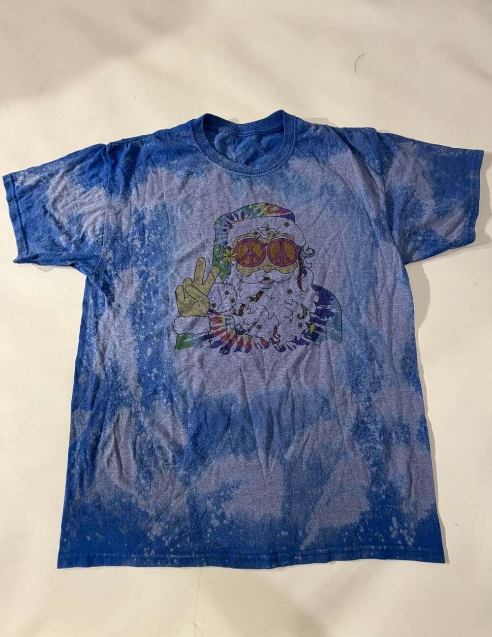 Blue Bleached Santa Peace Graphic Tee Tie Dye Hippie Christmas Y2K Boho